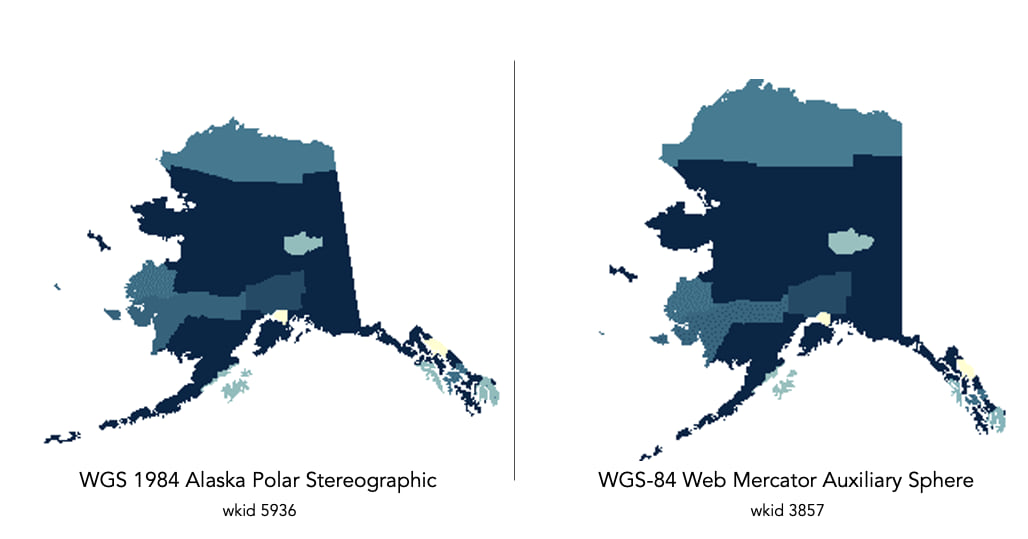 comparing Alaska projected in web mercator versus Alaska Stereographic. comparing Alaska projected in web mercator versus Alaska Stereographic.