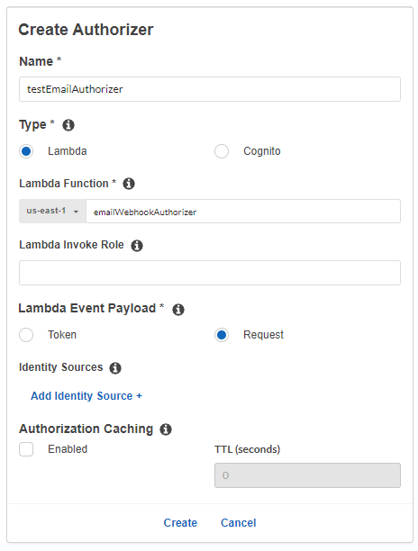 Completed configuration for creating an authorizer in the API Gateway.