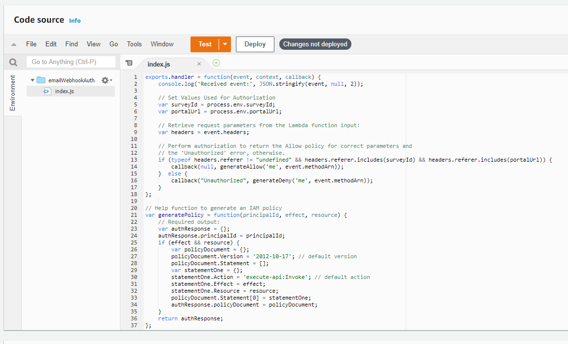 The JavaScript code used in the Lambda authorizer.