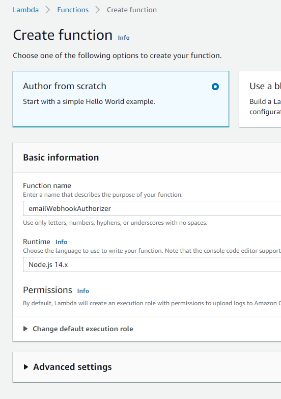 Completed inputs for creating the authorizer function in Lambda.