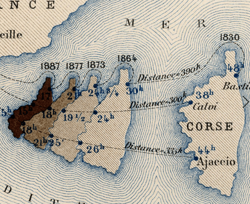 A sequential scheme in a single colour with patterned variation in line spacing to show the shrinking maritime travel time between bordering countries. A sequential scheme in a single colour with patterned variation in line spacing to show the shrinking maritime travel time between bordering countries.