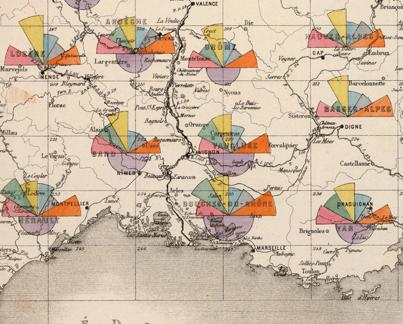 Well balanced solid colours used for categorical data relating to maintenance of French roads, by region in 1888, shown using polar area charts.