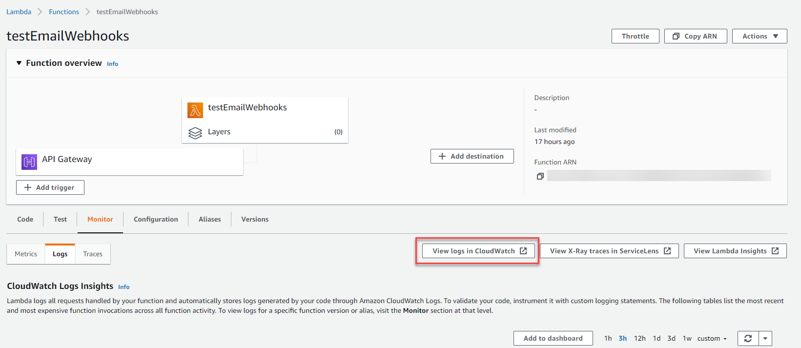 The selection for View logs in CloudWatch are highlighted in red on the Lambda configuration page.