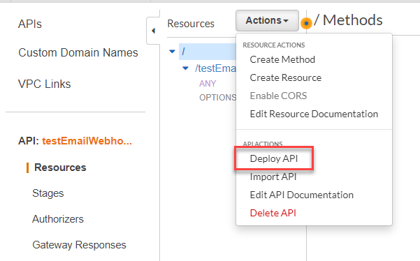 The deploy API action is highlighted in red within the configuration page.