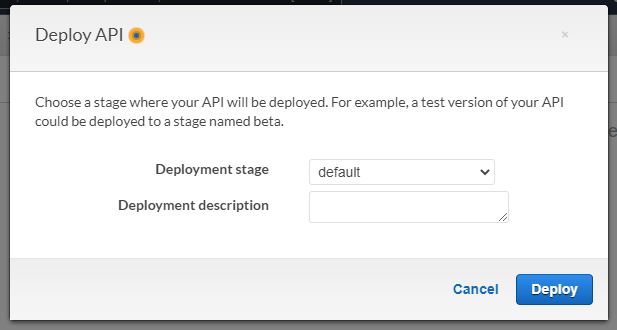 The default pop-up when deploying an API Gateway to a stage.