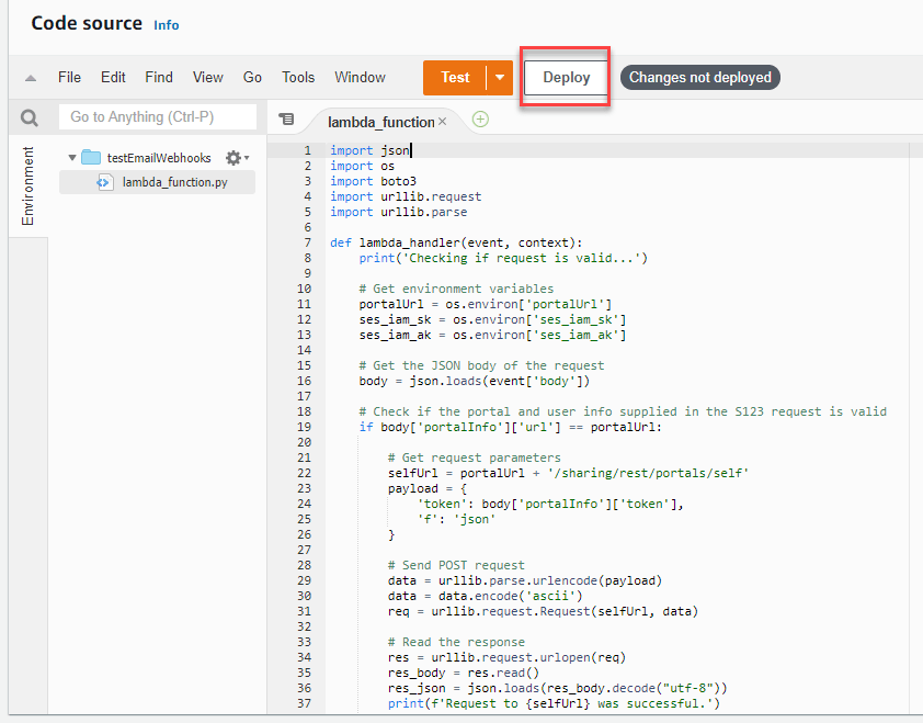 Deploy text highlighted in red to save the Lambda function changes.
