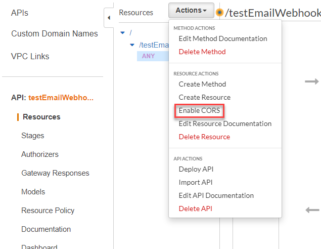 Enable Cors button is highlighted in red in the API Gateway configuration page.