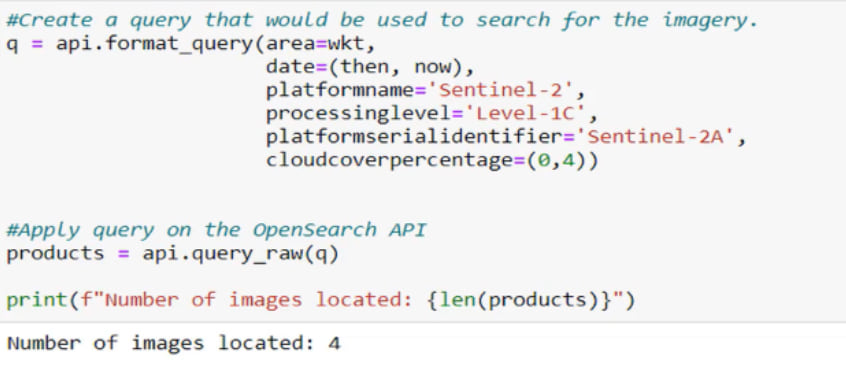 Rhea’s code parsed a query to the Sentinelsat API to search for Sentinal-2 level-1C satellite images in SciHub. Rhea’s code parsed a query to the Sentinelsat API to search for Sentinal-2 level-1C satellite images in SciHub.