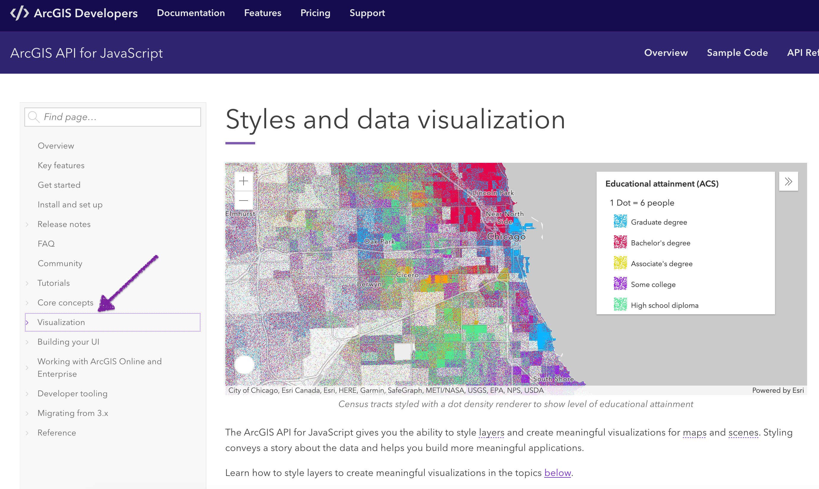 The data visualization home page in the ArcGIS JS API documentation. The data visualization home page in the ArcGIS JS API documentation.