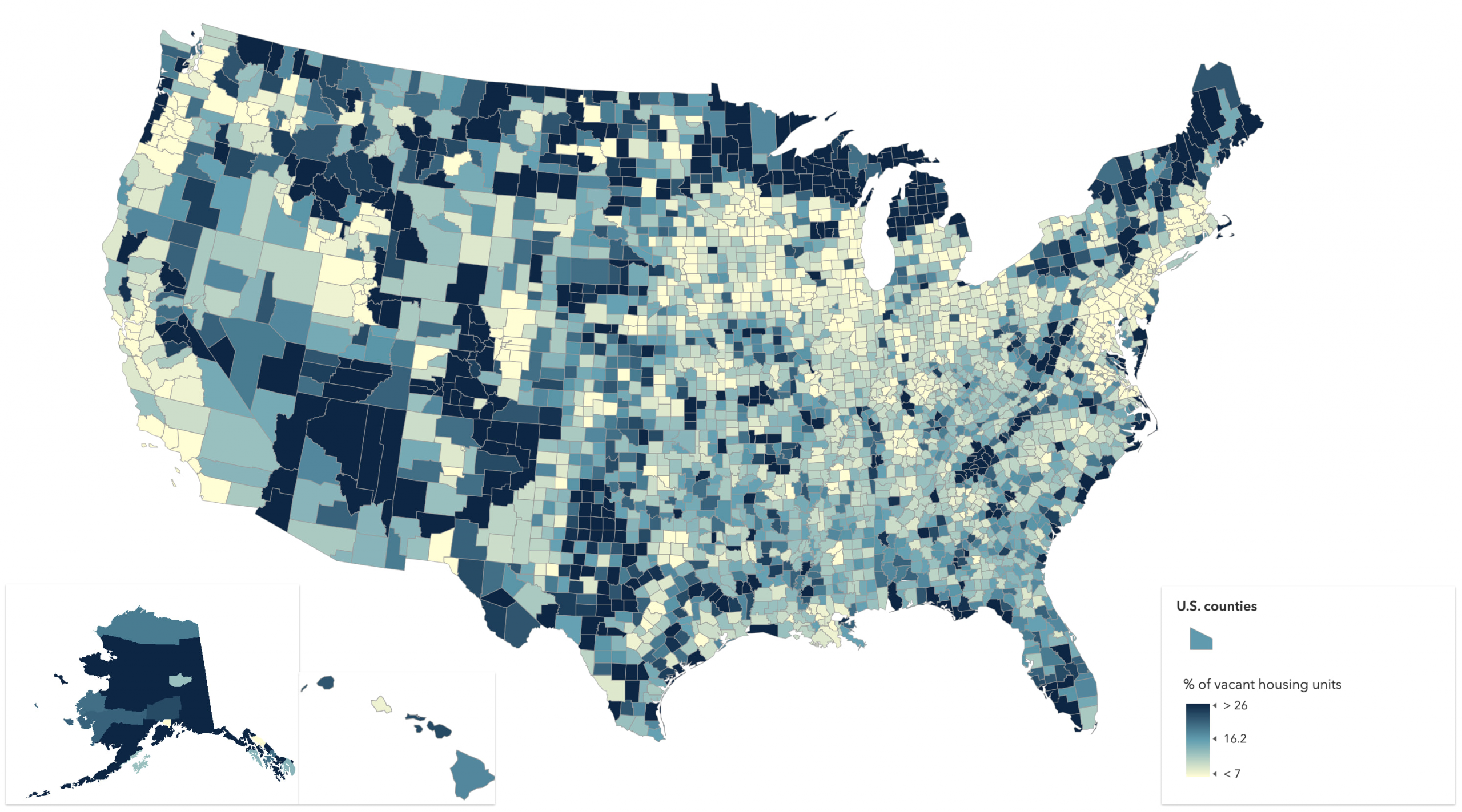 Inset maps can display related, but noncontinuous data in one compact view. This is a common approach for visualizing Alaska and Hawaii in maps of the United States. Inset maps can display related, but noncontinuous data in one compact view. This is a common approach for visualizing Alaska and Hawaii in maps of the United States.
