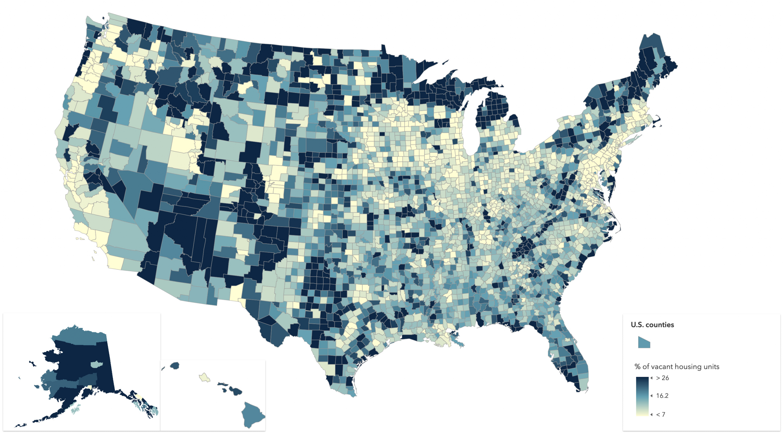 Inset maps can display related, but noncontinuous data in one compact view. This is a common approach for visualizing Alaska and Hawaii in maps of the United States.