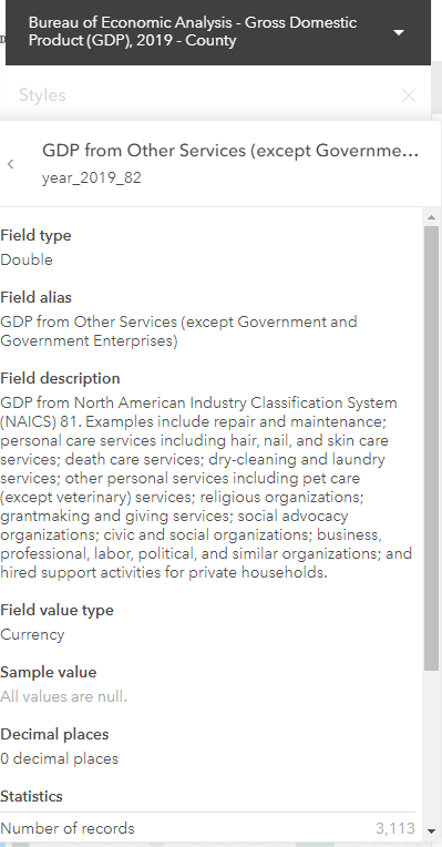 Screenshot of information provided. Field alias: GDP from Other Services (except Government and Government Enterprises). Field description: GDP from North American Industry Classification System (NAICS) 81. Examples include repair and maintenance; personal care services including hair, nail, and skin care services; death care services; dry-cleaning and laundry services; other personal services including pet care (except veterinary) services; religious organizations; grantmaking and giving services; social advocacy organizations; civic and social organizations; business, professional, labor, political, and similar organizations; and hired support activities for private households. Screenshot of information provided. Field alias: GDP from Other Services (except Government and Government Enterprises). Field description: GDP from North American Industry Classification System (NAICS) 81. Examples include repair and maintenance; personal care services including hair, nail, and skin care services; death care services; dry-cleaning and laundry services; other personal services including pet care (except veterinary) services; religious organizations; grantmaking and giving services; social advocacy organizations; civic and social organizations; business, professional, labor, political, and similar organizations; and hired support activities for private households.