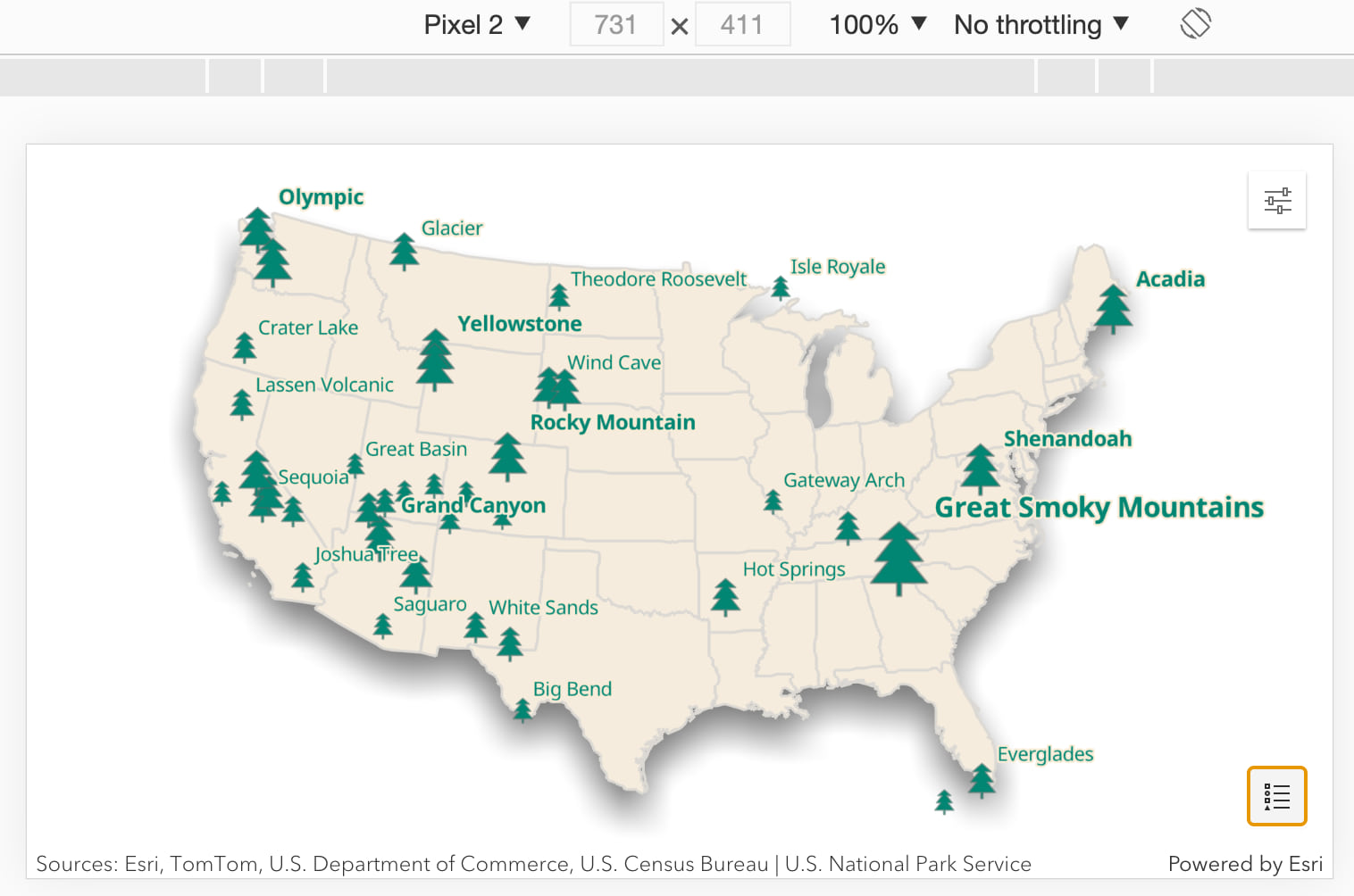 By default, the app hides all inset views and displays only a constrained view of the lower 48 states.