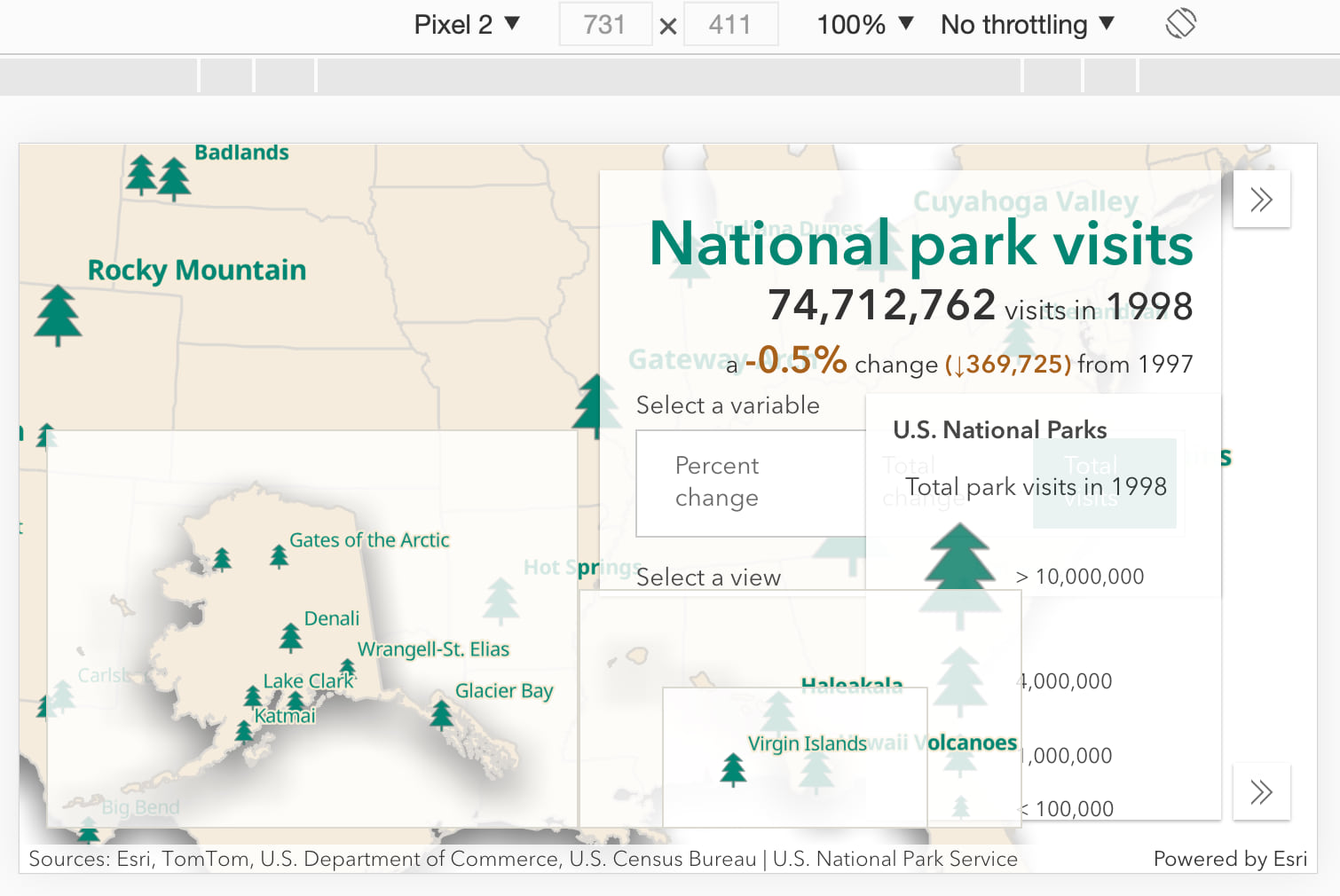 The National Parks app as displayed on a Pixel 2 when not designed for mobile viewing.
