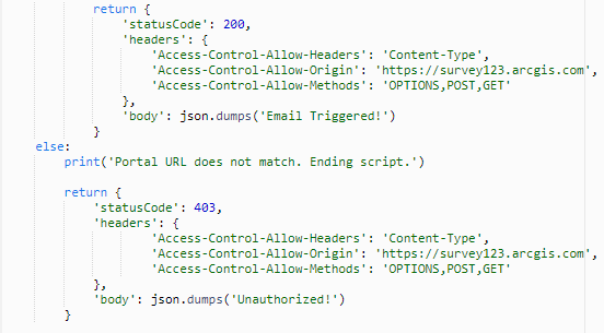 Return statements from the Python Lambda function.