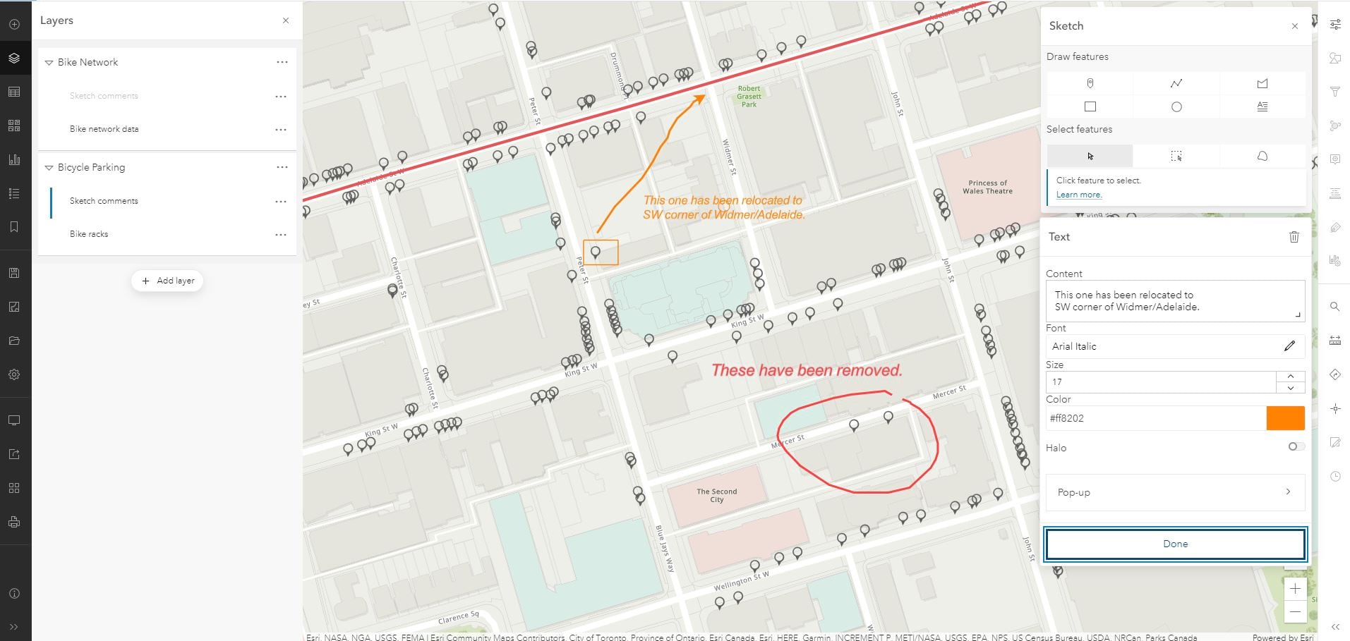 A map showing an example of using sketch tools to annotate existing data A map showing an example of using sketch tools to annotate existing data