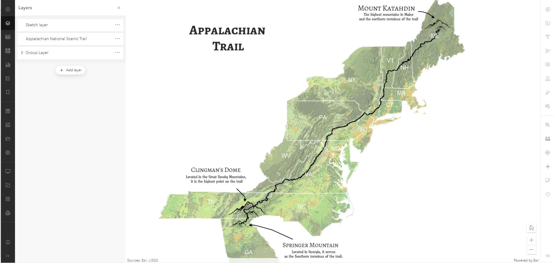 A map depicting the Appalachian Trail using sketch