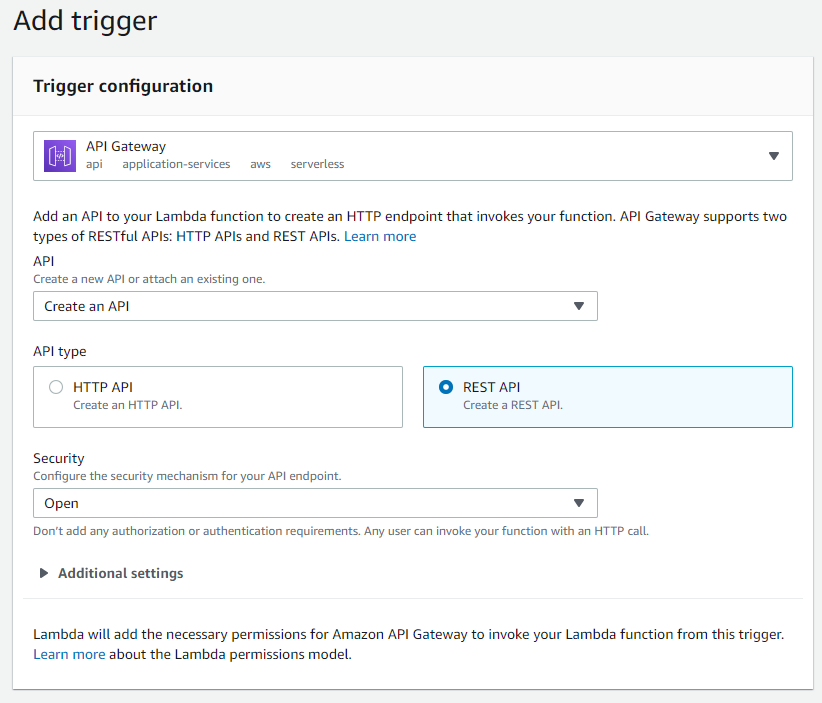 All the completed options for adding a trigger to a Lambda function.