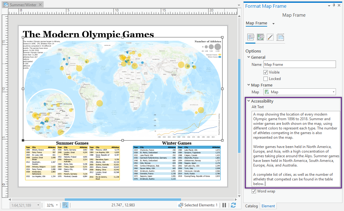 A layout in Pro with a map frame selected. The Element pane is open and the alt text box is highlighted, showing where you can add alt text. A layout in Pro with a map frame selected. The Element pane is open and the alt text box is highlighted, showing where you can add alt text.
