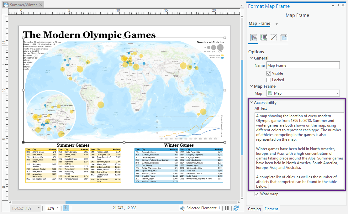 A layout in Pro with a map frame selected. The Element pane is open and the alt text box is highlighted, showing where you can add alt text.