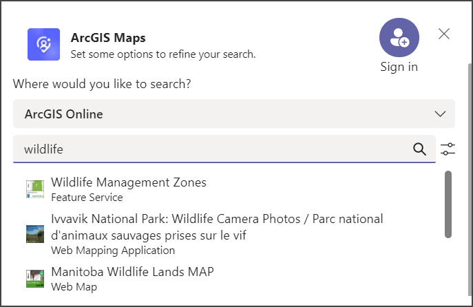 ArcGIS Maps Wildlife search results