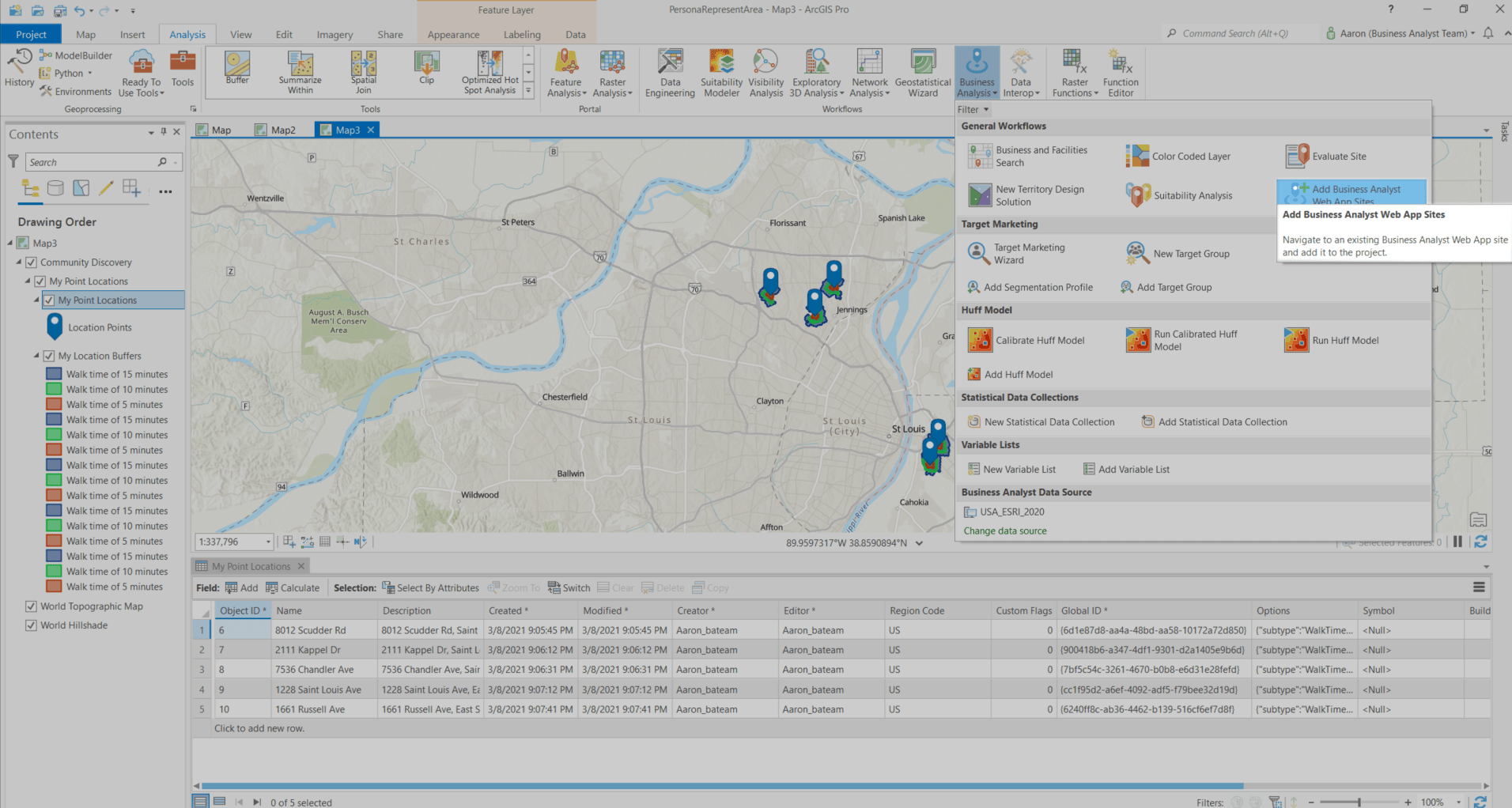 A new workflow for adding sites from ArcGIS Business Analyst Web App to ArcGIS Pro. A new workflow for adding sites from ArcGIS Business Analyst Web App to ArcGIS Pro.