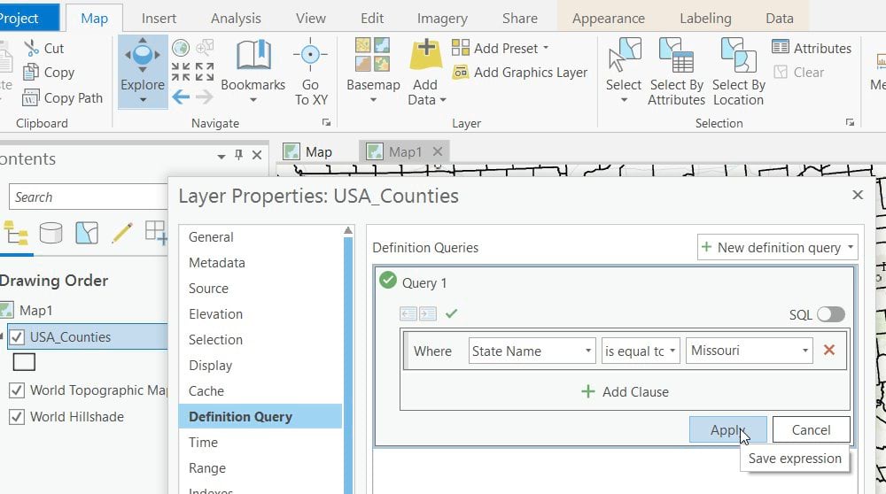 Applying a Definition Query to display only Missouri