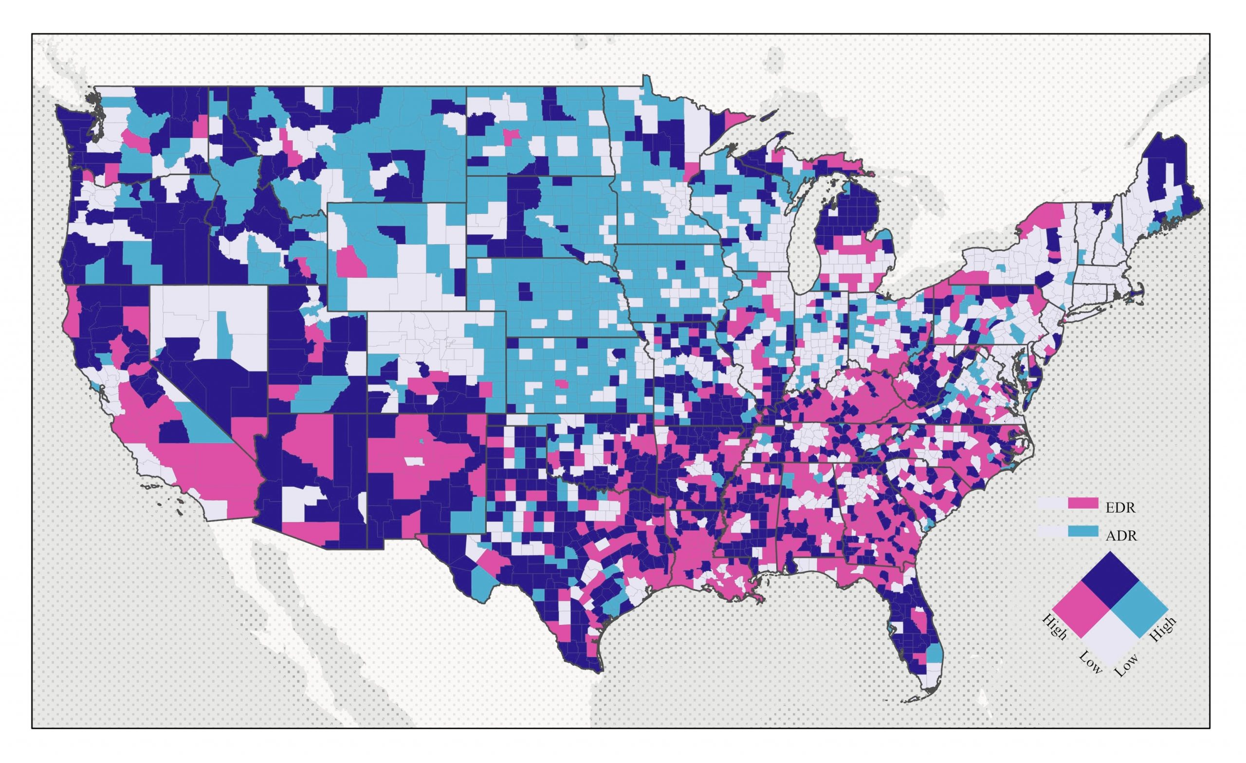 County-level US relationship map displaying how the ADR and EDR values compare to each other.
