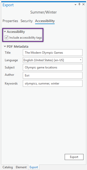 The export pane for a layout PDF export. The accessibility tab is shown with populated metadata and the Include accessibility tags option checked