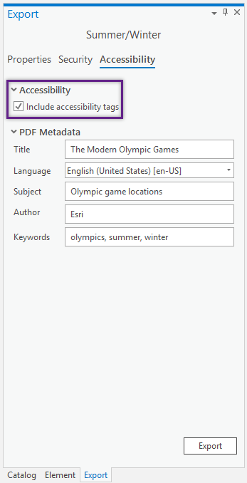 The export pane for a layout PDF export. The accessibility tab is shown with populated metadata and the Include accessibility tags option checked The export pane for a layout PDF export. The accessibility tab is shown with populated metadata and the Include accessibility tags option checked