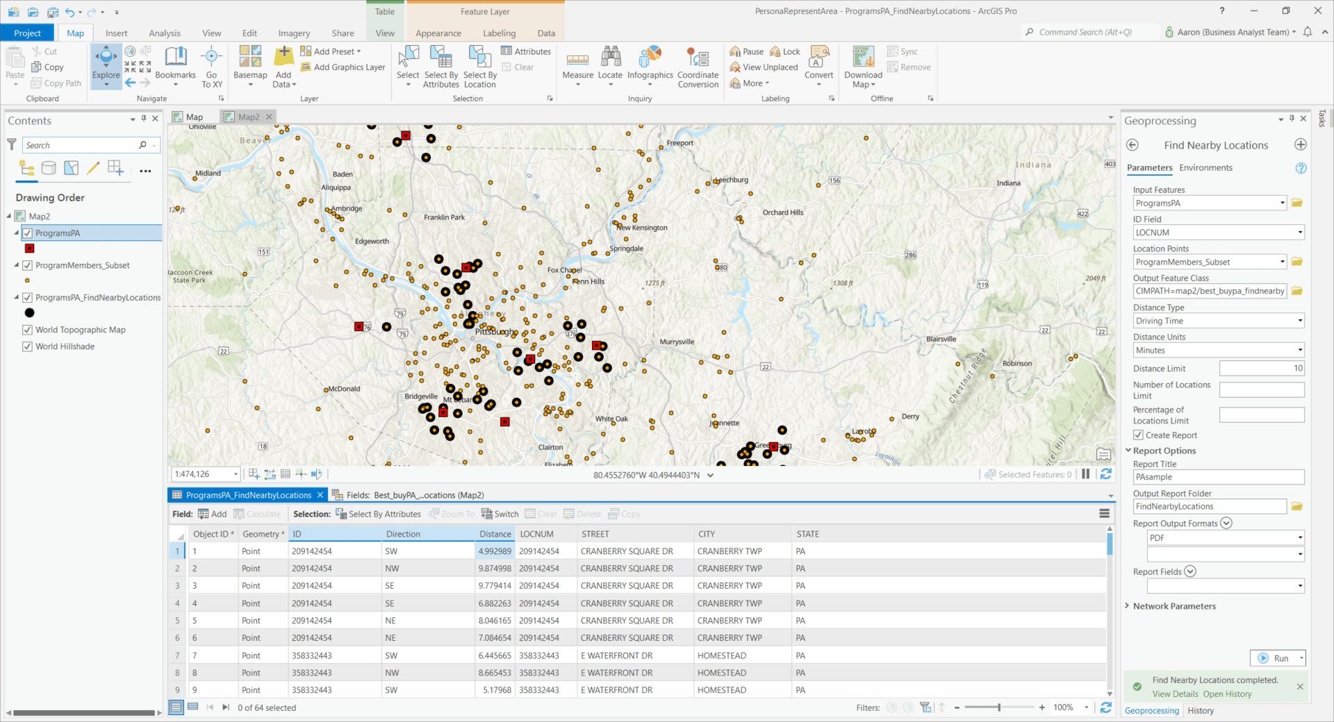 Find Nearby Locations tool highlights in ArcGIS Business Analyst Pro