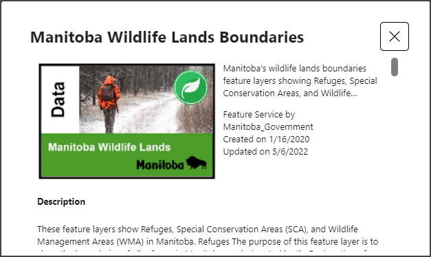 Manitoba wildlife boundaries card in ArcGIS for Teams