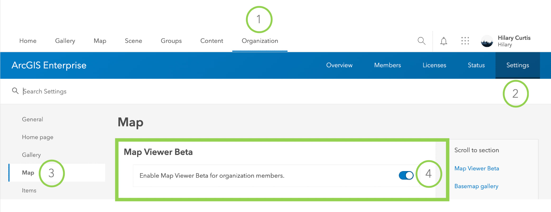 Option to enable or disable Map Viewer Beta under the Settings tab in an Enterprise portal