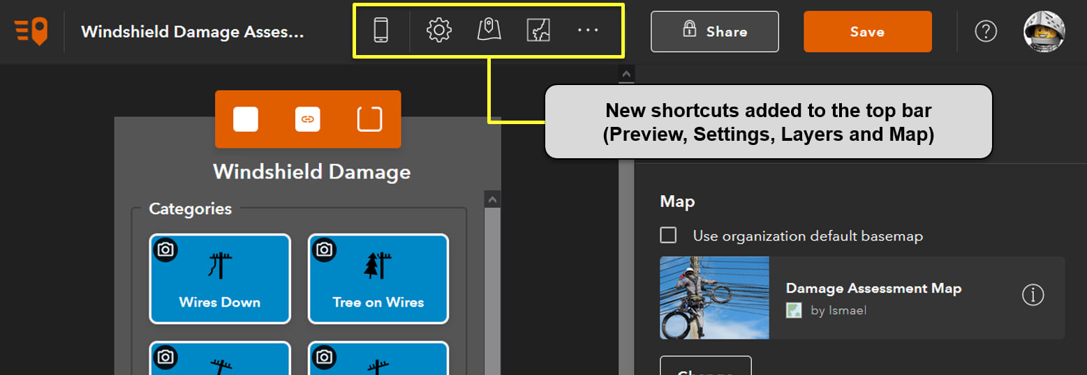 The QuickCapture designer top bar now includes shortcuts to the Layers, Settings and Map configuration.