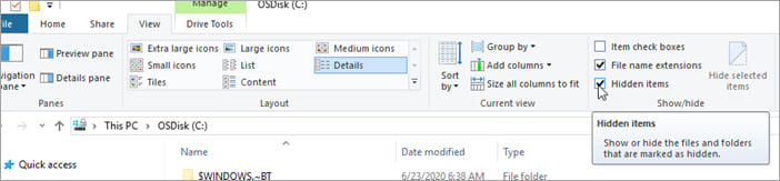 Clicking on 'Show Hidden' in Windows Explorer to show hidden folders.