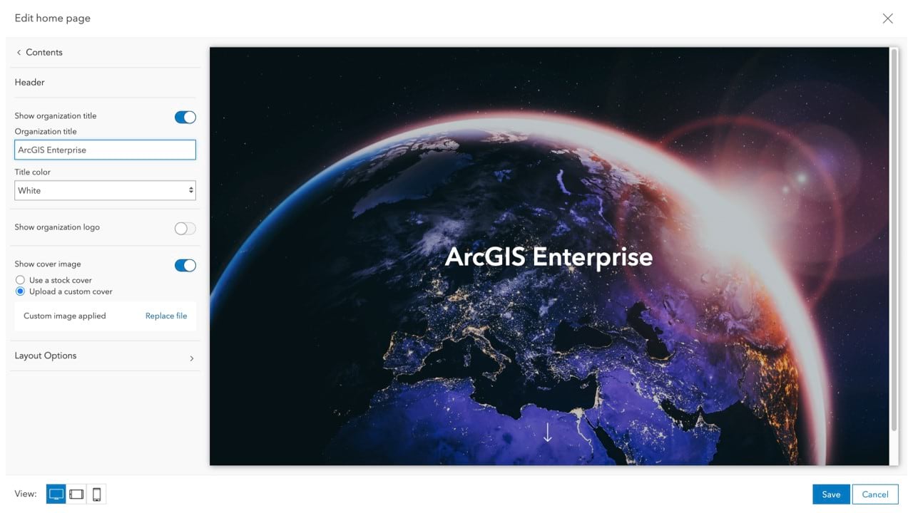 Image of earth on the new ArcGIS Enterprise home page editor Image of earth on the new ArcGIS Enterprise home page editor