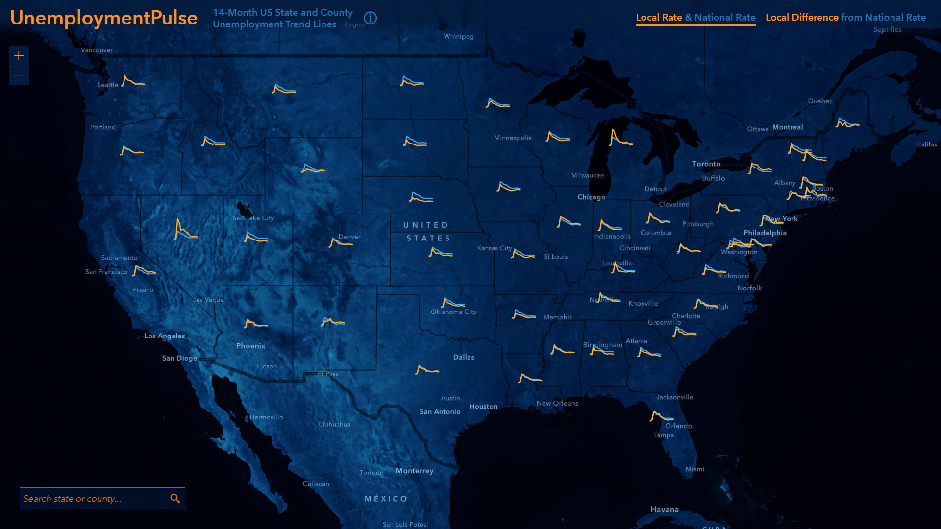 UnemploymentPulse tracks state and local rates of unemployment through time.