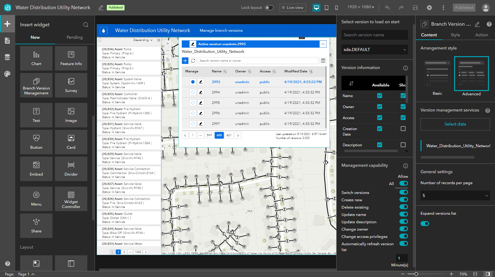 Branch Version Management widget in Experience Builder