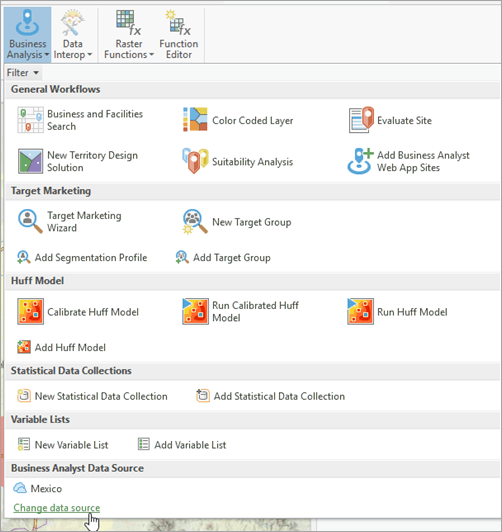 Setting Business Analyst data source in the Business Analyst ribbon drop down.