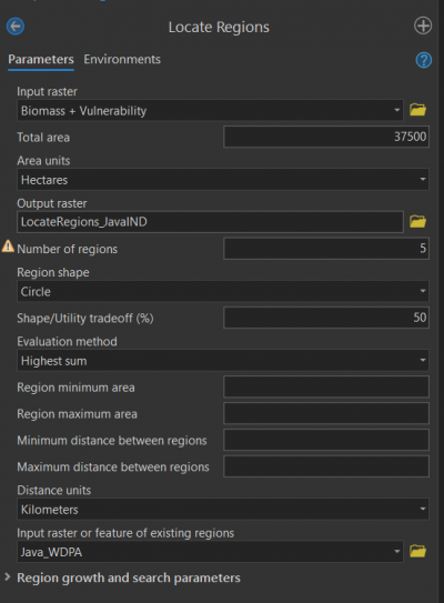 locate regions GP tool settings locate regions GP tool settings