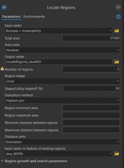 locate regions GP tool settings