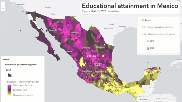 Pink areas show where women outperform men in school. Yellow show where men outperform women. The 2020 numbers show an overall increase in women outperforming men in school.