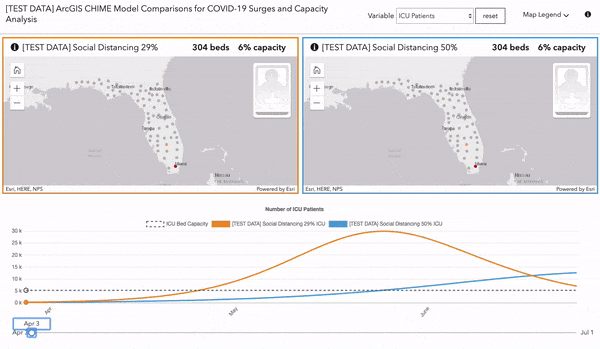 Capacity Analysis app preview showing side-by-side maps of different hospital bed demands given different levels of compliance to social distancing recommendations.