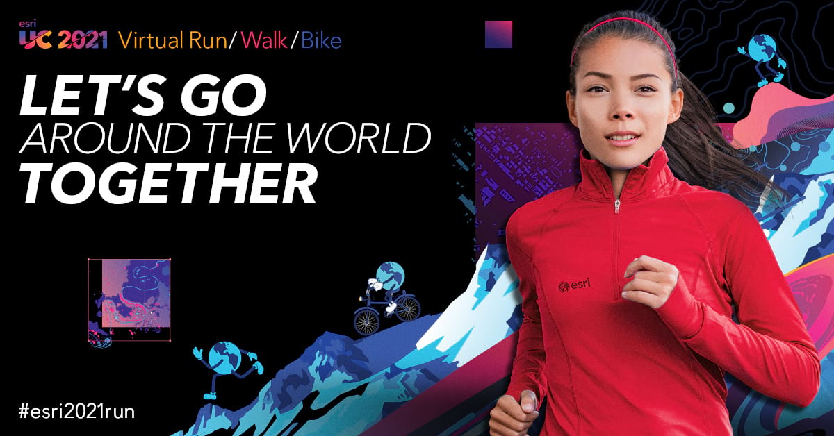 UC 2021 virtual run walk bike promotional image featuring young woman running in a red Esri sweater on a black background and a splash of vibrant colors behind her.