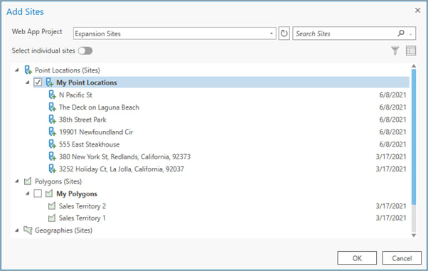 Selecting Web App project and associated sites.