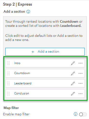 "+ Add a section" button with existing sections below: Intro, Countdown, Leaderboard, and Conclusion. Select the pencil icon for editing options.