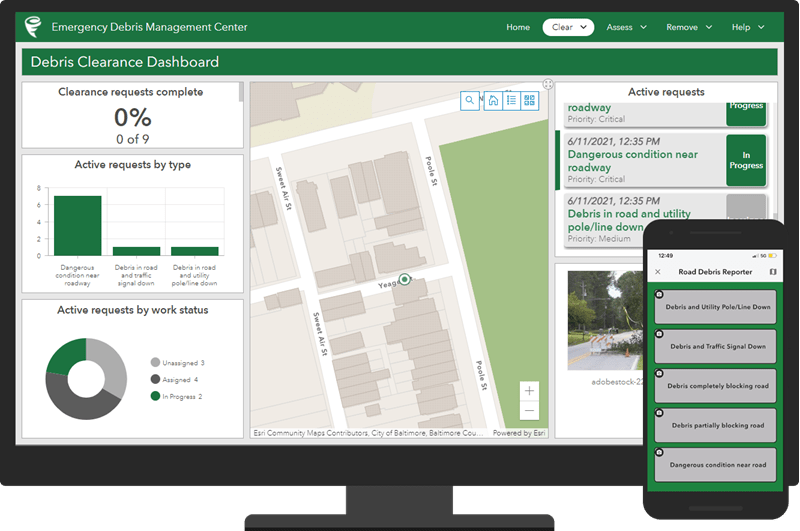 The Road Debris Reporter app displayed on a mobile device and the Emergency Debris Management Center app displayed on a monitor set to the Debris Clearance Dashboard page.