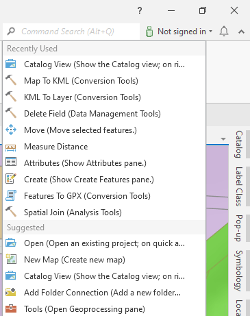 Command Search control on the ribbon in ArcGIS Pro Command Search control on the ribbon in ArcGIS Pro