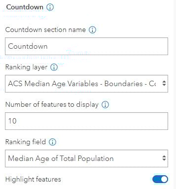 Countdown configuration section: name, ranking layer, number of features to display (currently set to 10), and ranking field. Countdown configuration section: name, ranking layer, number of features to display (currently set to 10), and ranking field.