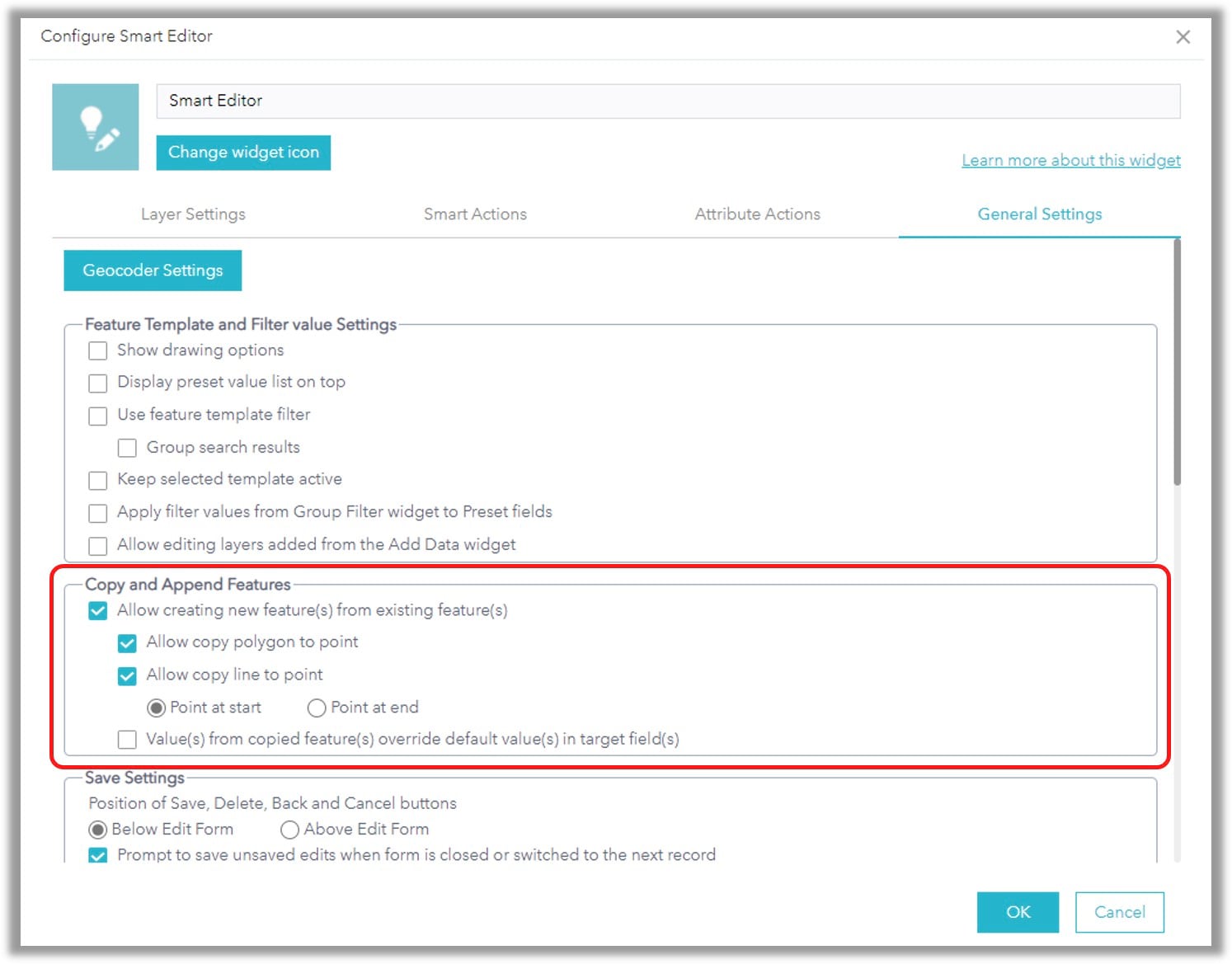 Copy and Append Features settings